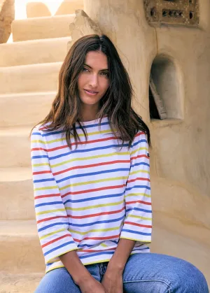 GALATHEE MULTI - Multicolor Breton Striped Top with ¾ Sleeve | Soft Cotton | Women Fit (WHITE / YELLOW / ORANGE / MER BLUE)