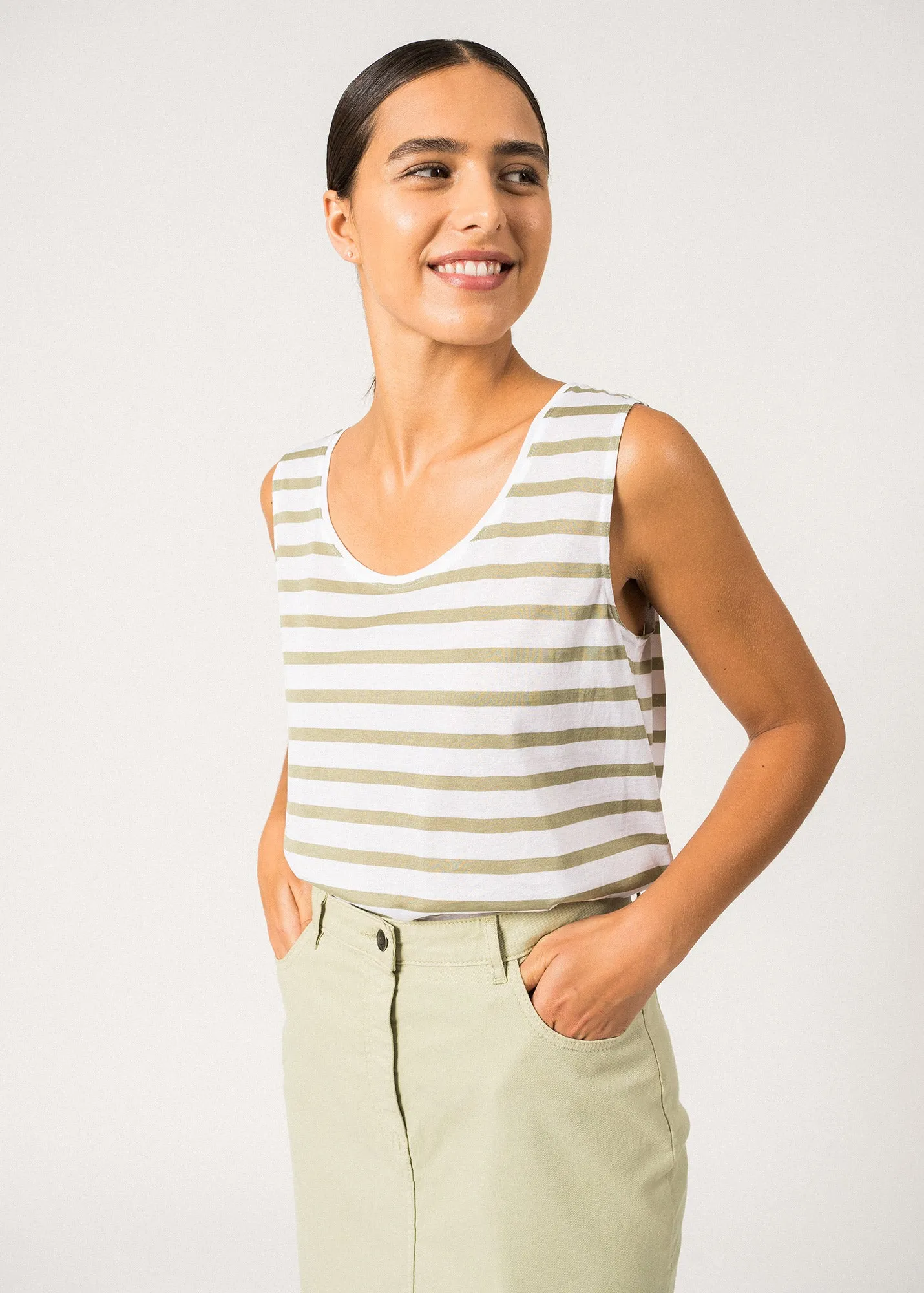 GASSIN - Striped Cotton Tank Top | Slim Fit (WHITE / SOFT ALMOND)