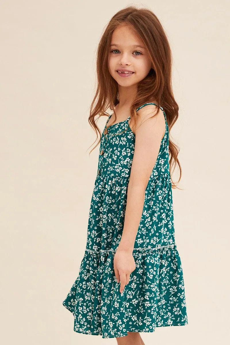 Green Ditsy Kids Sleeveless Button Front Floral Dress