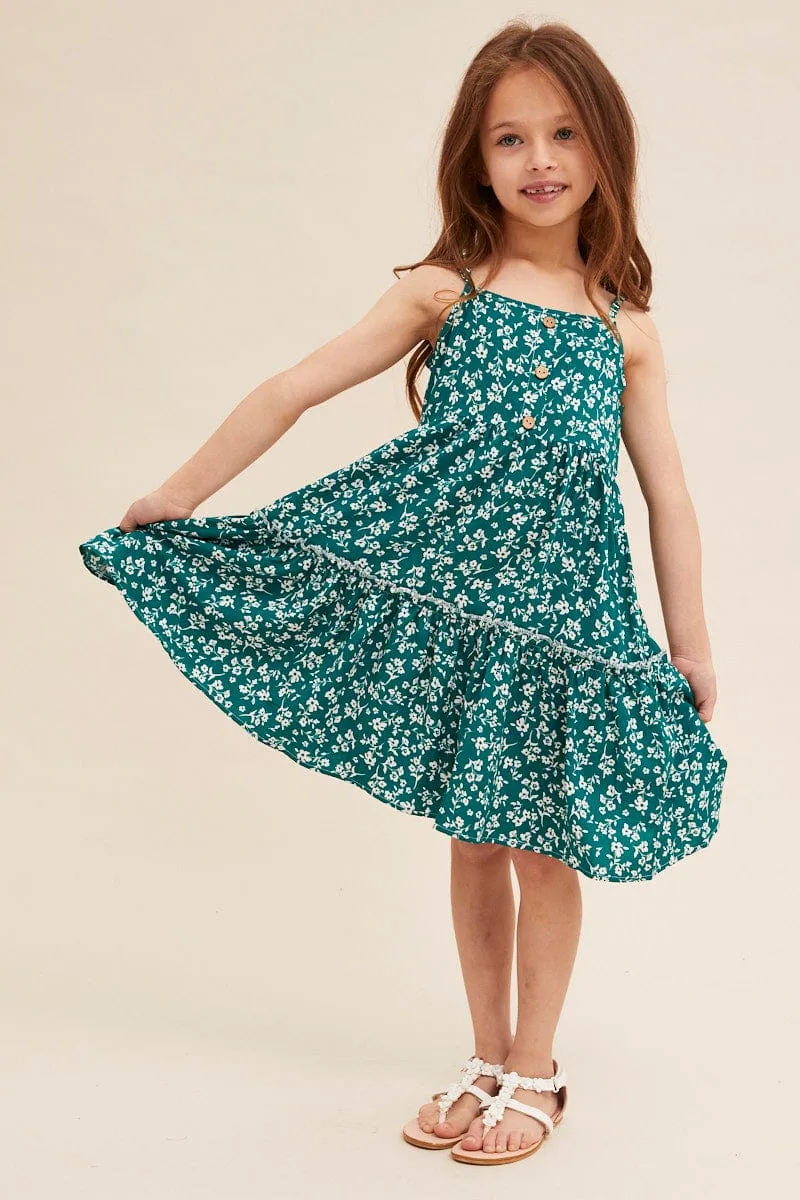 Green Ditsy Kids Sleeveless Button Front Floral Dress
