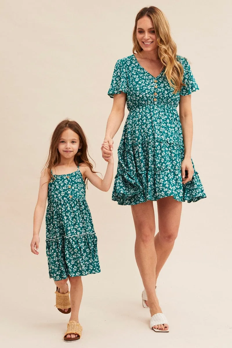 Green Ditsy Kids Sleeveless Button Front Floral Dress