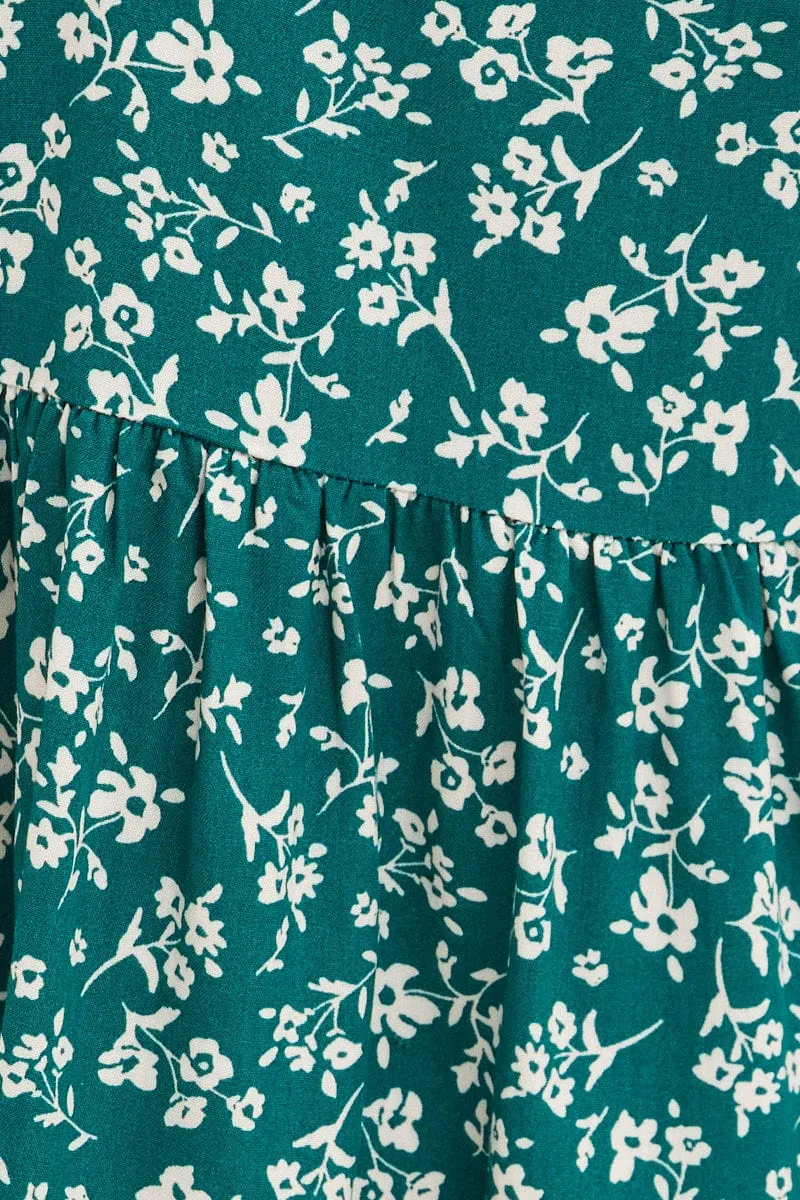 Green Ditsy Kids Sleeveless Button Front Floral Dress