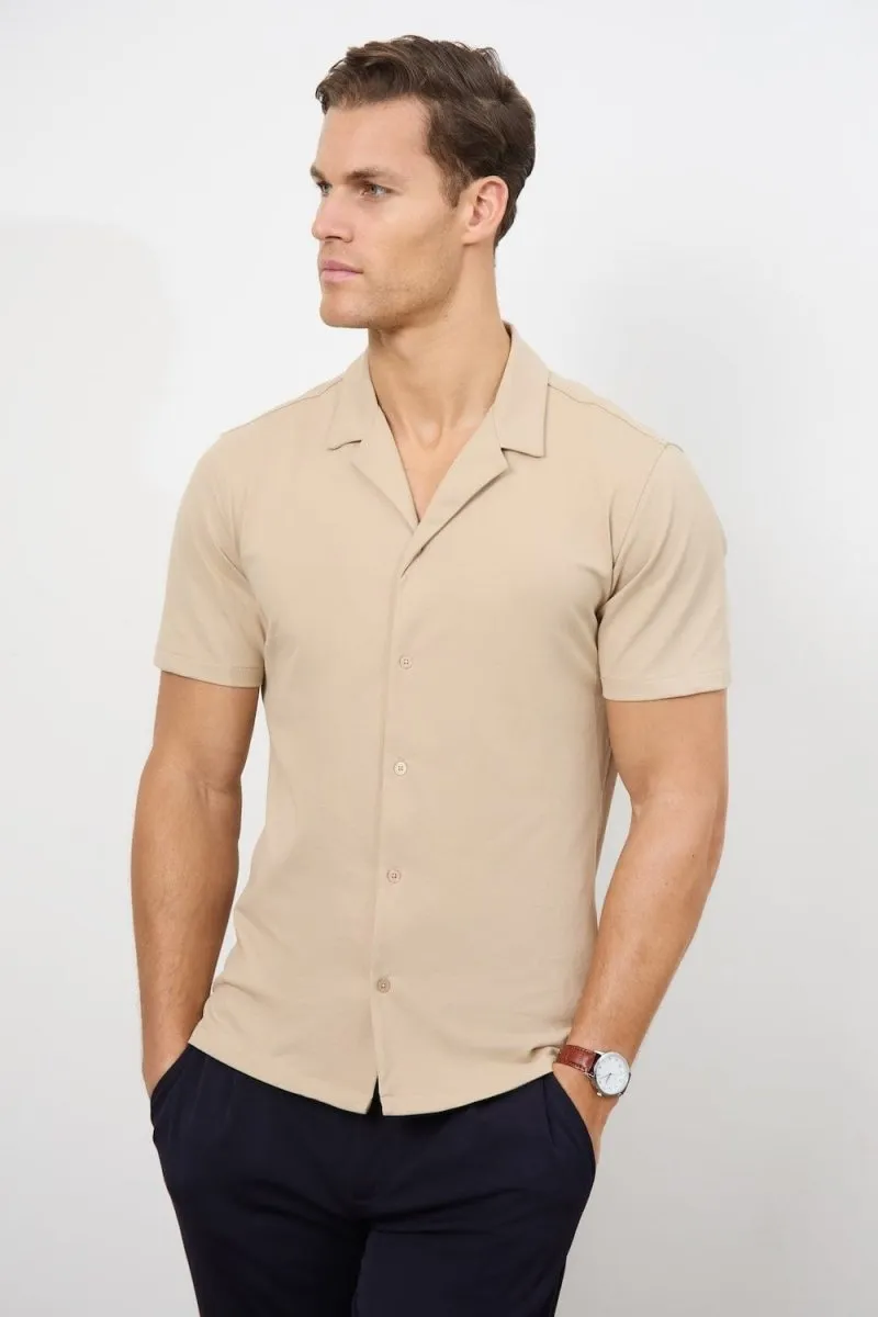 Jersey Cuban Collar Shirt in Stone