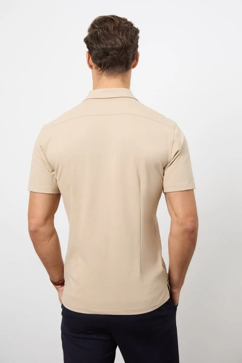 Jersey Cuban Collar Shirt in Stone
