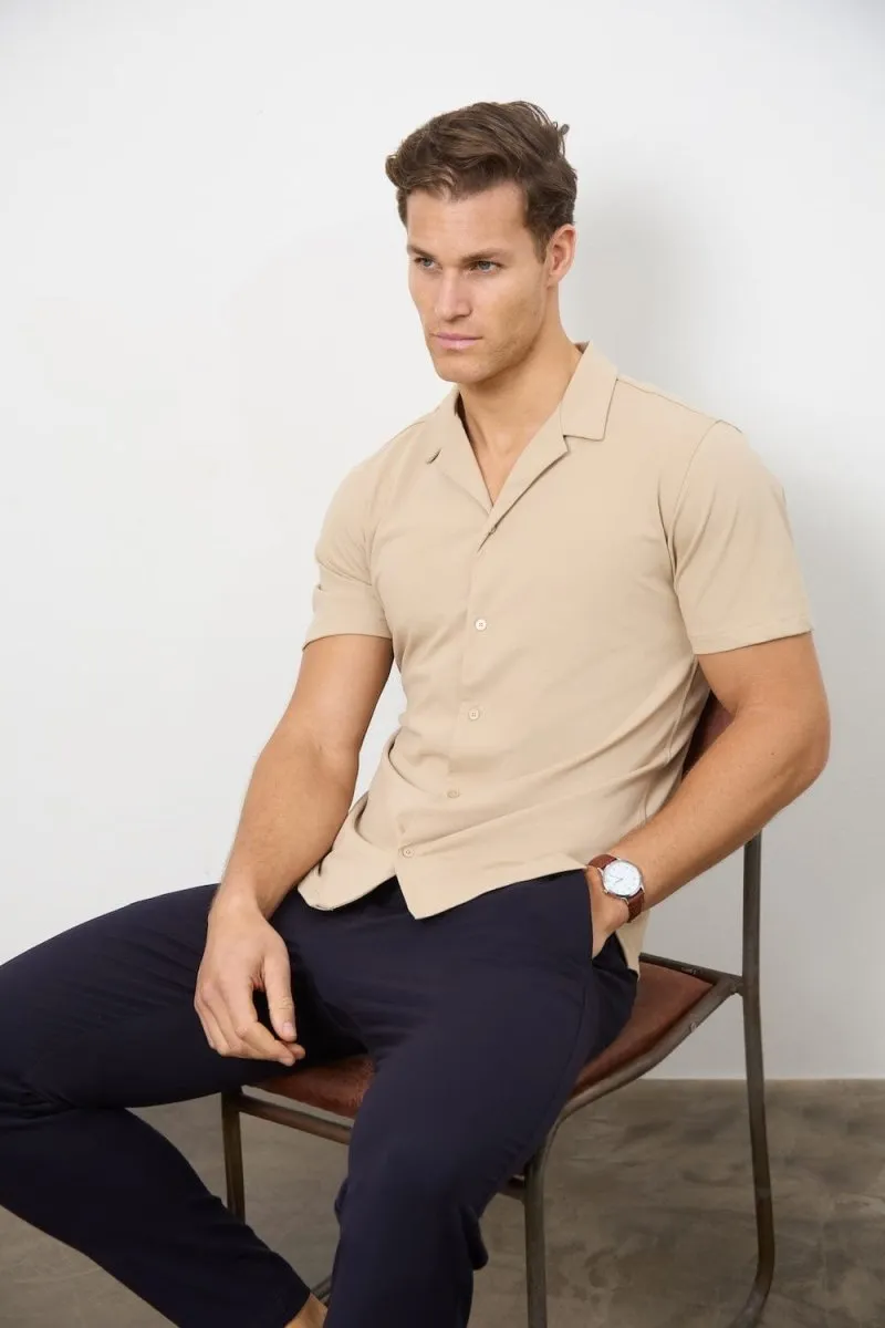 Jersey Cuban Collar Shirt in Stone