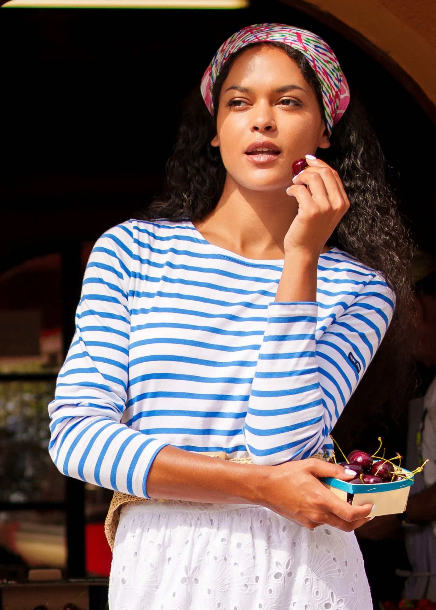 Lilly Pulitzer x MINQUIDAME - Breton Striped Shirt with Lilly Logo Embroidery | Soft Cotton | Women Fit (WHITE / MER BLUE)