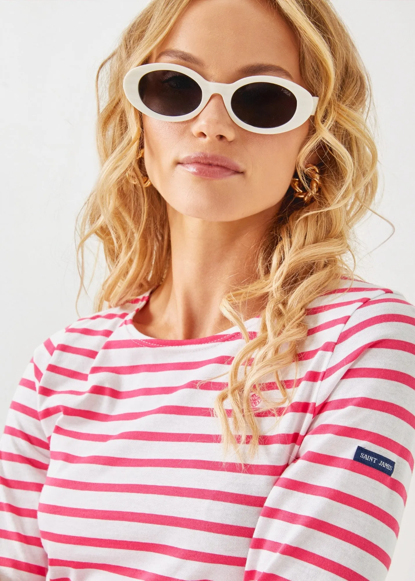 Lilly Pulitzer x MINQUIDAME - Long-Sleeve Breton Striped Shirt with Lilly Logo Embroidery | Soft Cotton | Women Fit (WHITE / NEON PINK)