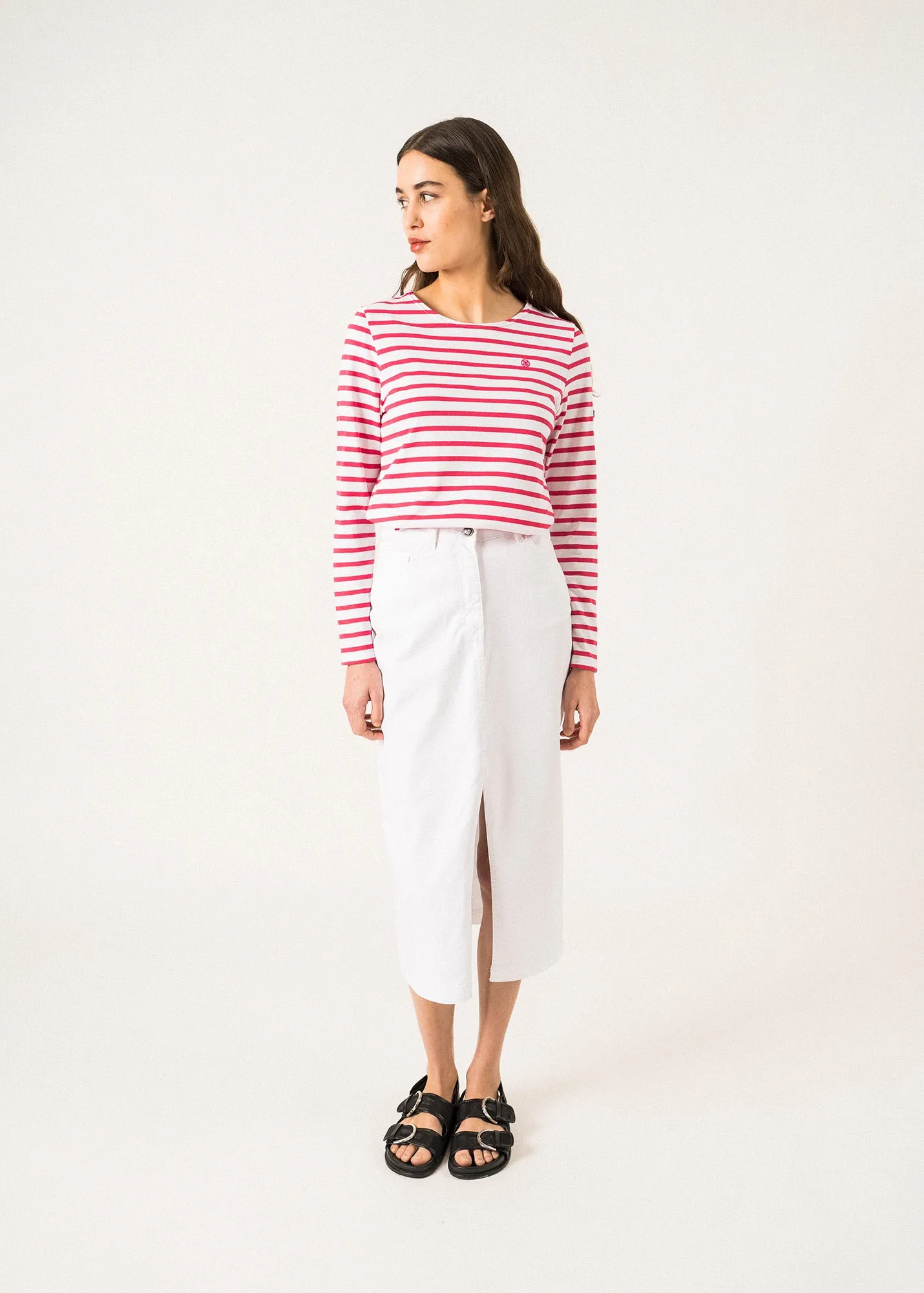 Lilly Pulitzer x MINQUIDAME - Long-Sleeve Breton Striped Shirt with Lilly Logo Embroidery | Soft Cotton | Women Fit (WHITE / NEON PINK)