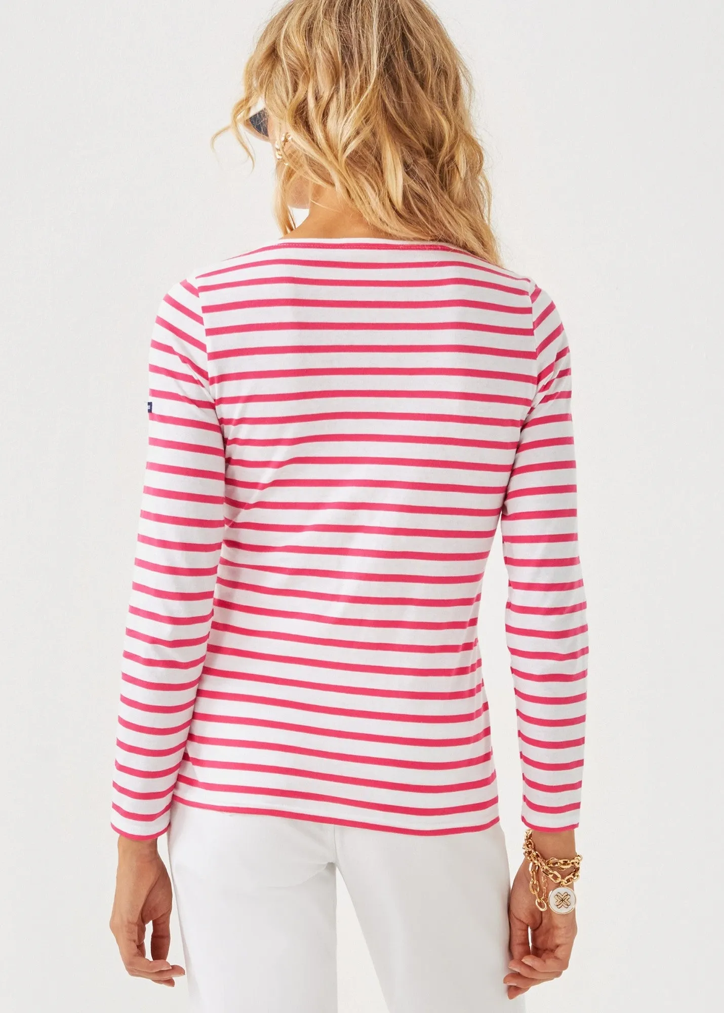 Lilly Pulitzer x MINQUIDAME - Long-Sleeve Breton Striped Shirt with Lilly Logo Embroidery | Soft Cotton | Women Fit (WHITE / NEON PINK)