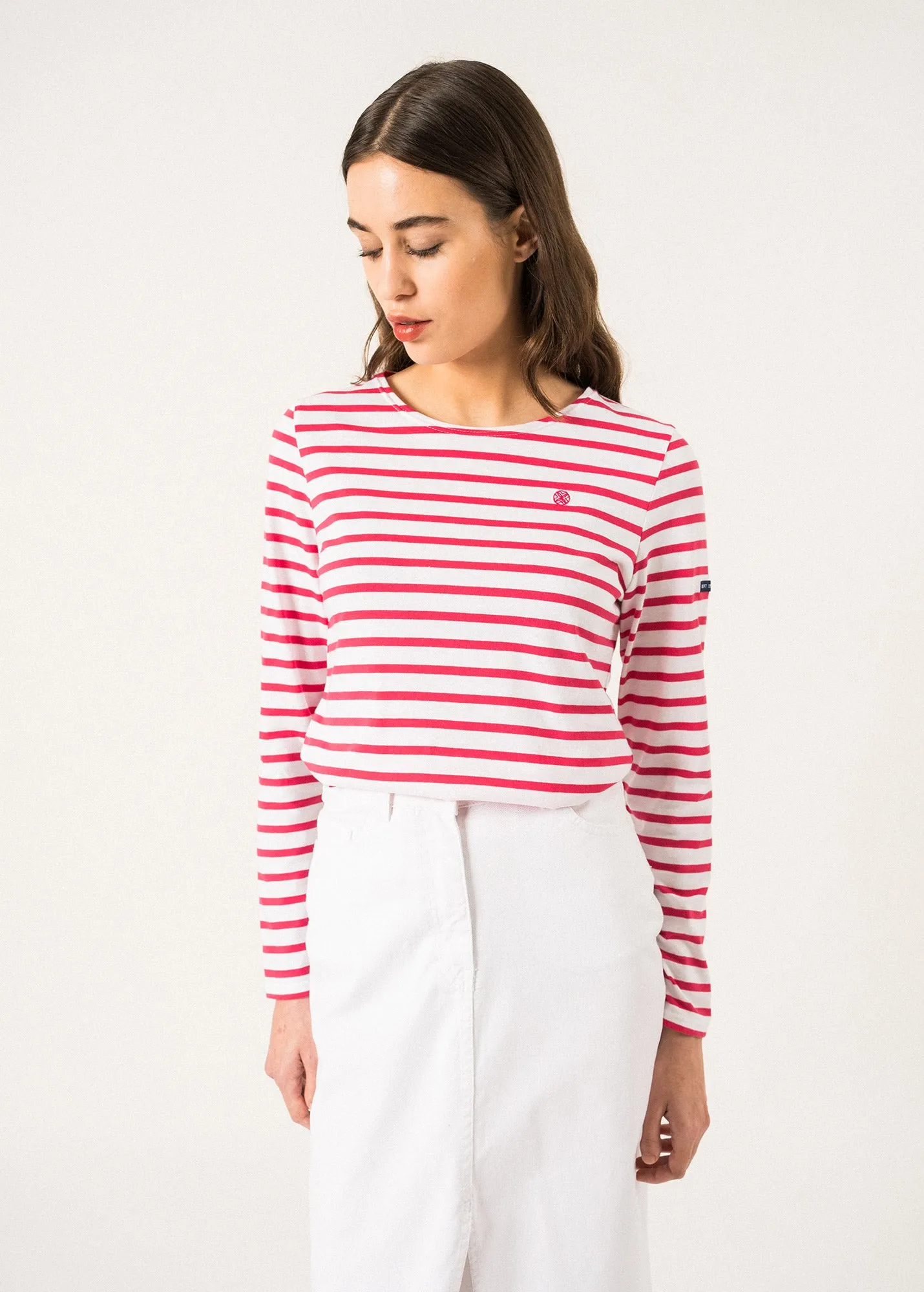 Lilly Pulitzer x MINQUIDAME - Long-Sleeve Breton Striped Shirt with Lilly Logo Embroidery | Soft Cotton | Women Fit (WHITE / NEON PINK)