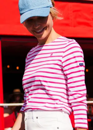 Lilly Pulitzer x MINQUIDAME - Long-Sleeve Breton Striped Shirt with Lilly Logo Embroidery | Soft Cotton | Women Fit (WHITE / NEON PINK)