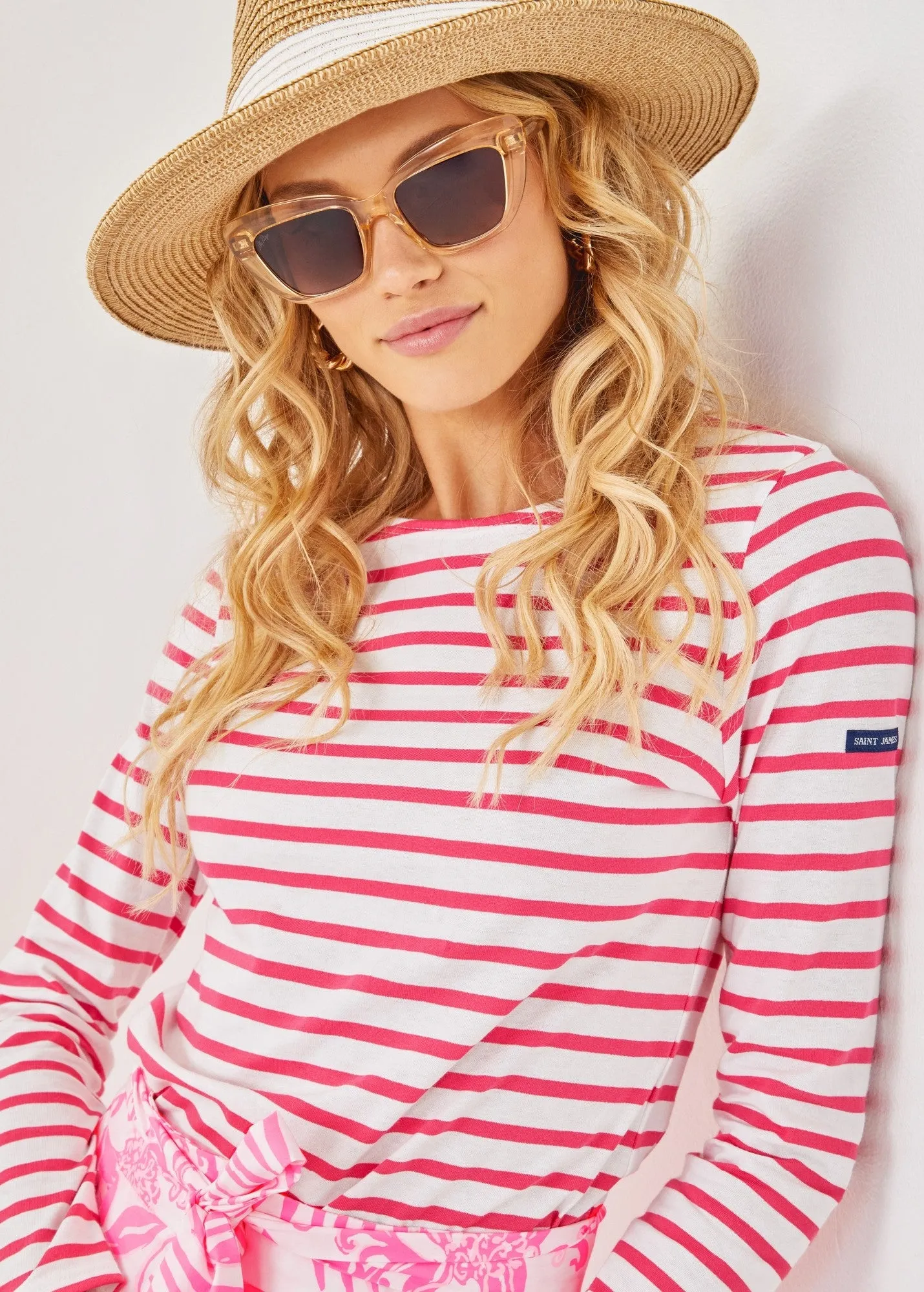 Lilly Pulitzer x MINQUIDAME - Long-Sleeve Breton Striped Shirt with Lilly Logo Embroidery | Soft Cotton | Women Fit (WHITE / NEON PINK)