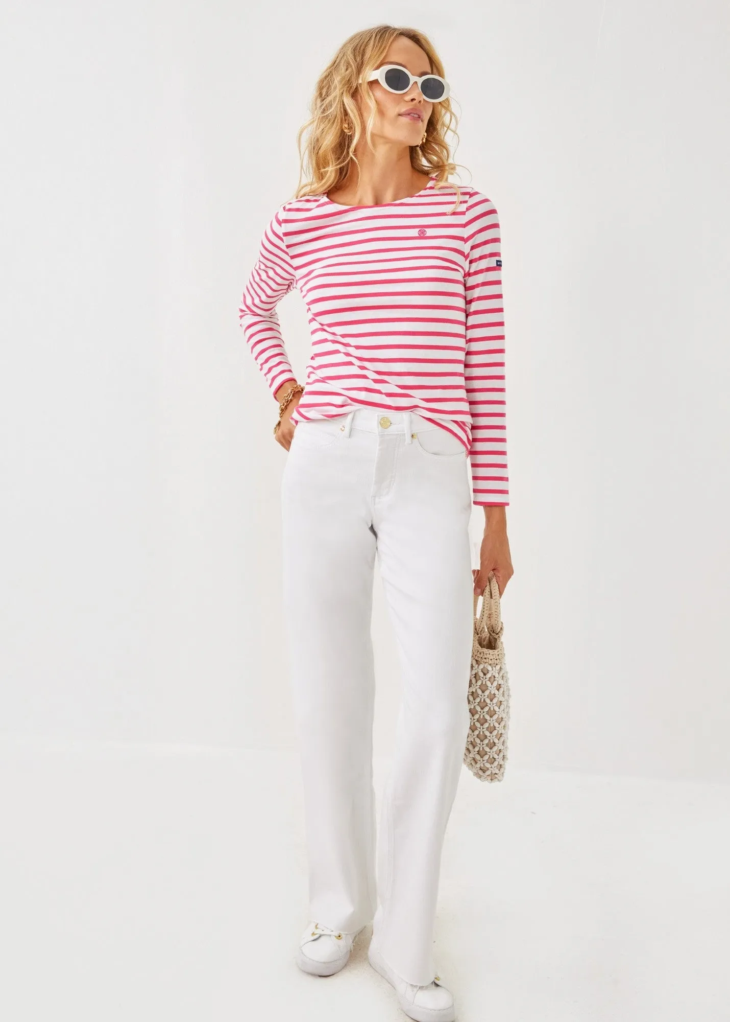Lilly Pulitzer x MINQUIDAME - Long-Sleeve Breton Striped Shirt with Lilly Logo Embroidery | Soft Cotton | Women Fit (WHITE / NEON PINK)