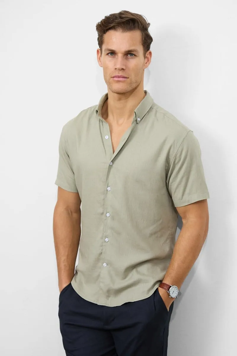 Linen Blend Button Through Shirt in Soft Sage