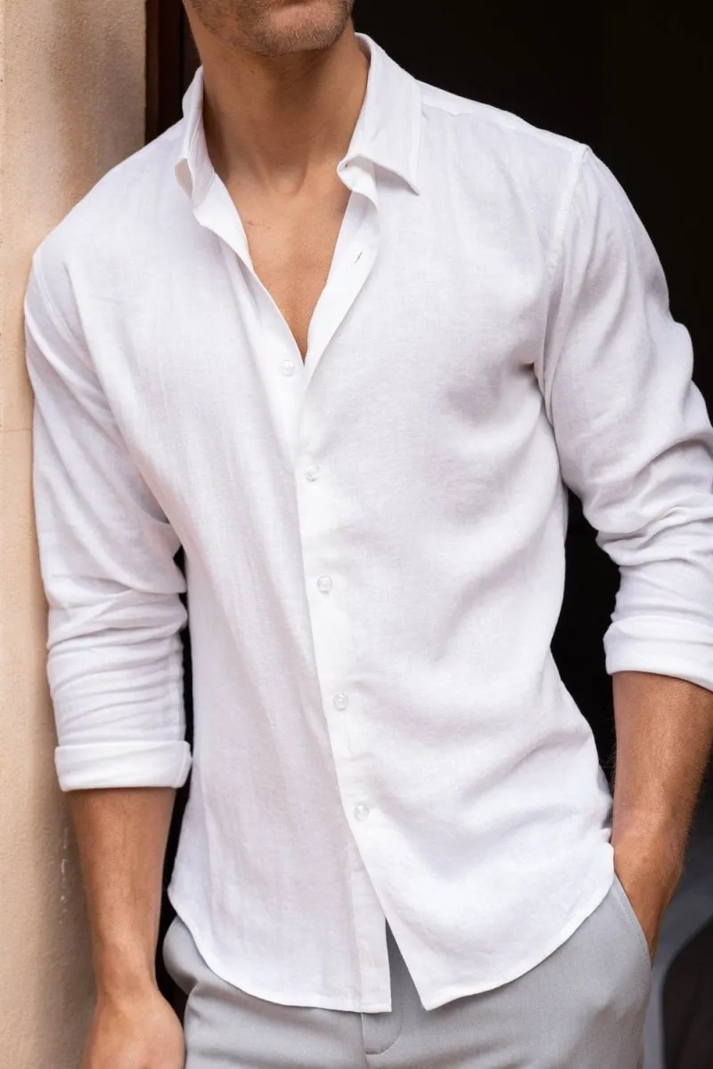 Linen Blend Button Through Shirt in White
