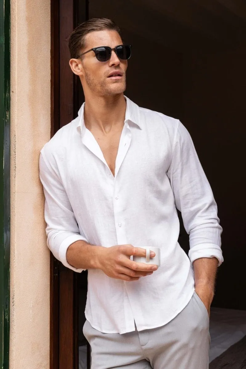 Linen Blend Button Through Shirt in White
