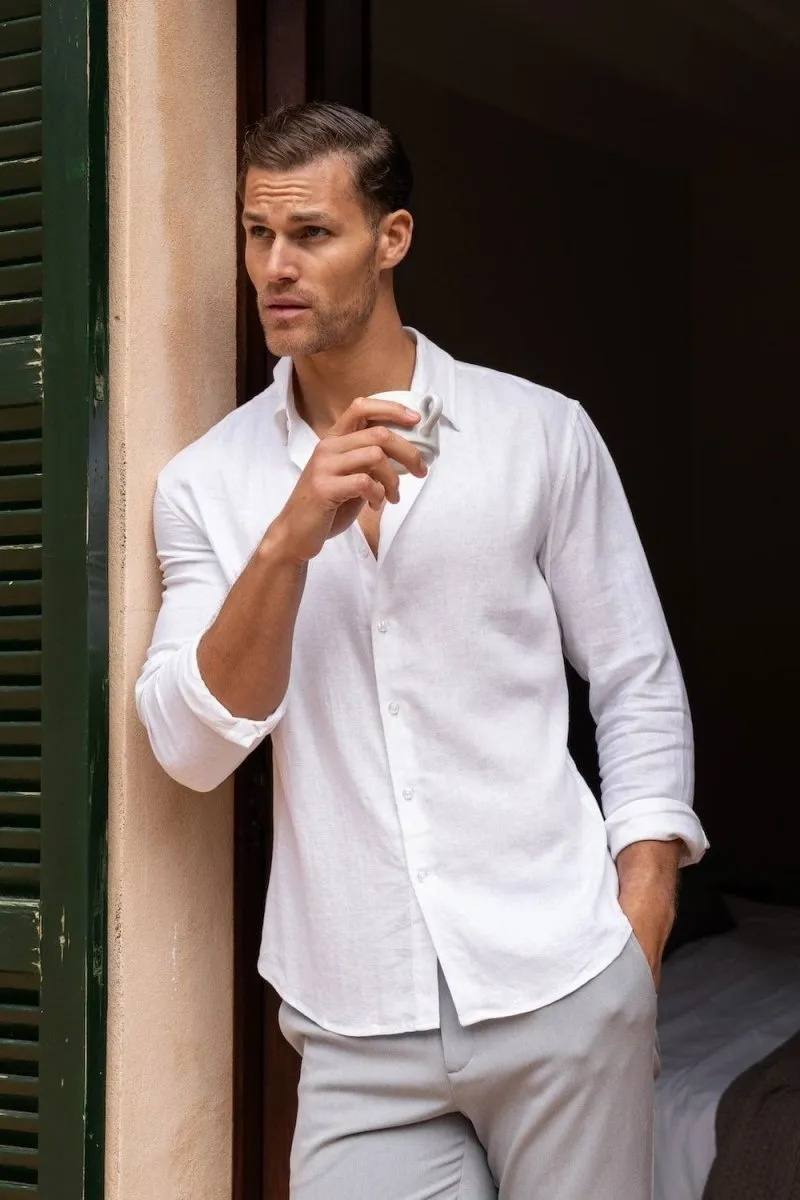 Linen Blend Button Through Shirt in White