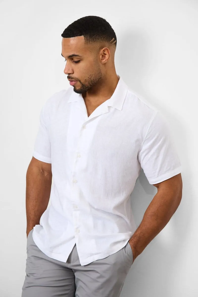 Linen Blend Cuban Collar Shirt in White