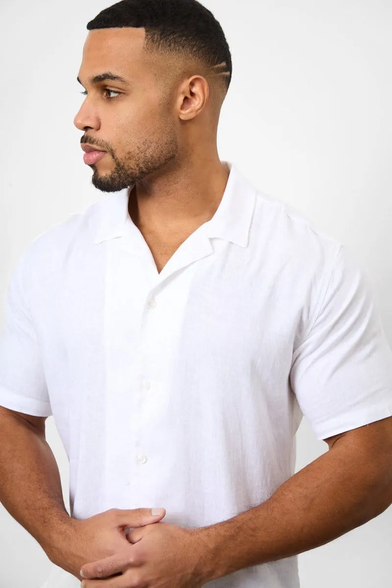 Linen Blend Cuban Collar Shirt in White