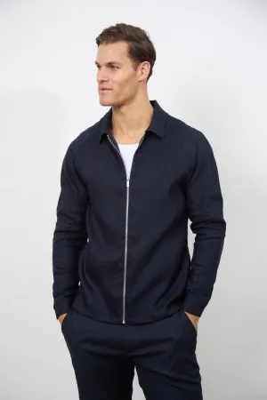 Linen Blend Zip Through Jacket in Navy