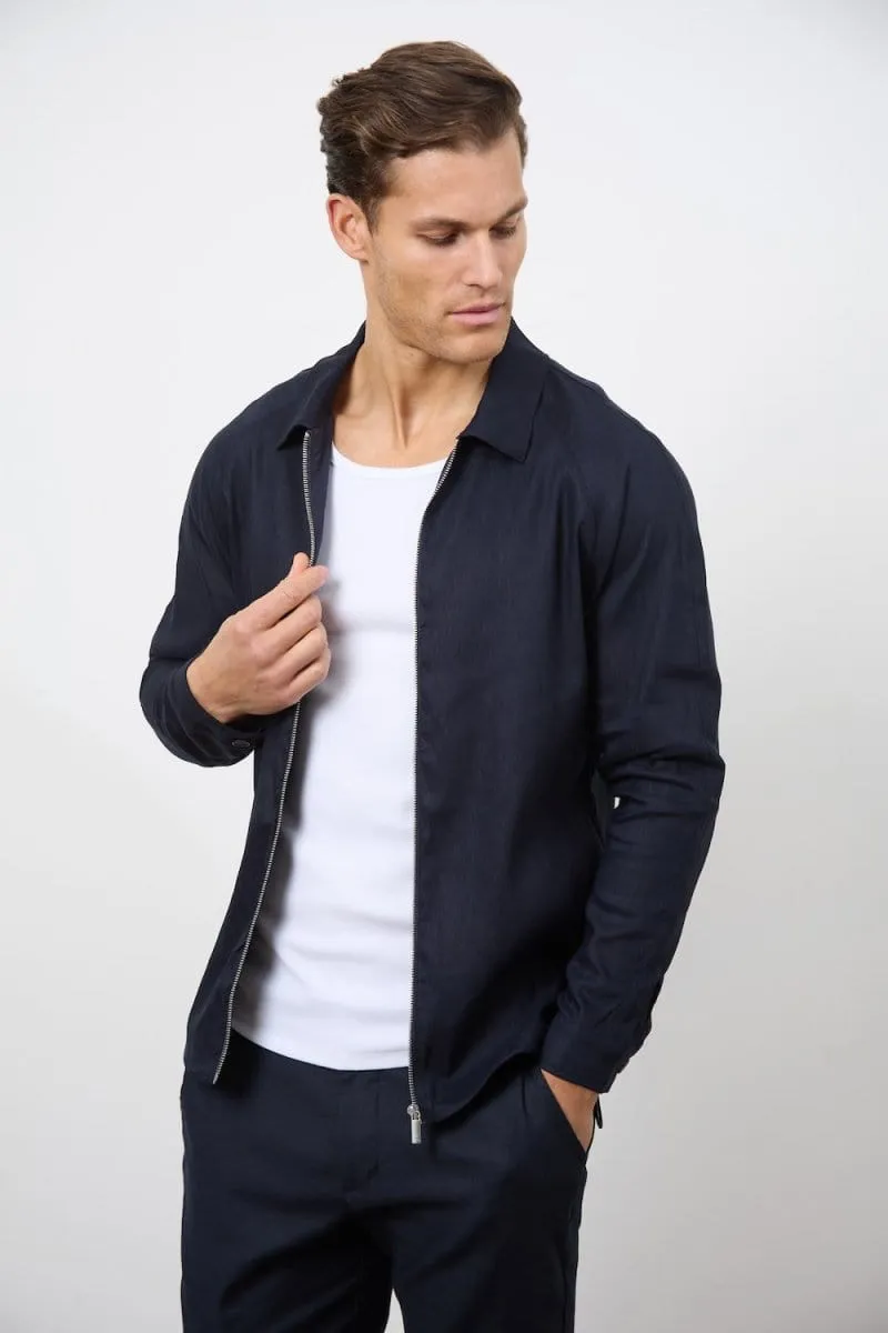 Linen Blend Zip Through Jacket in Navy