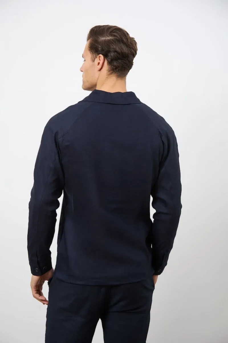 Linen Blend Zip Through Jacket in Navy