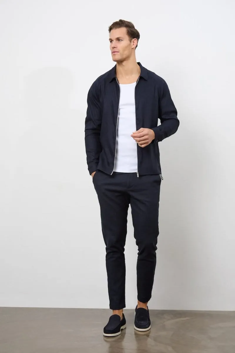 Linen Blend Zip Through Jacket in Navy