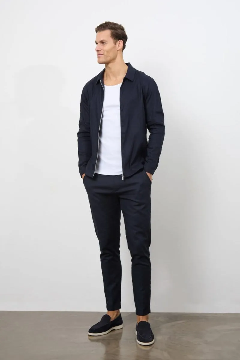 Linen Blend Zip Through Jacket in Navy