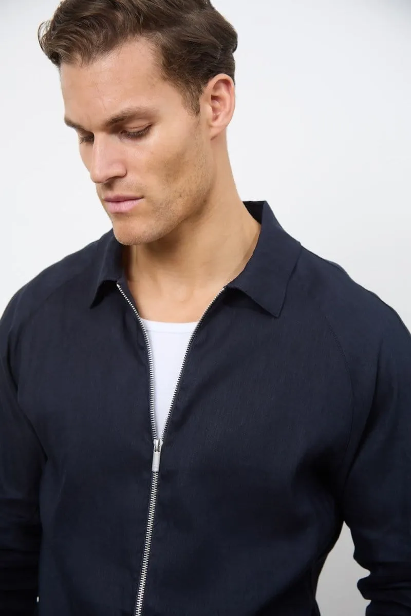 Linen Blend Zip Through Jacket in Navy