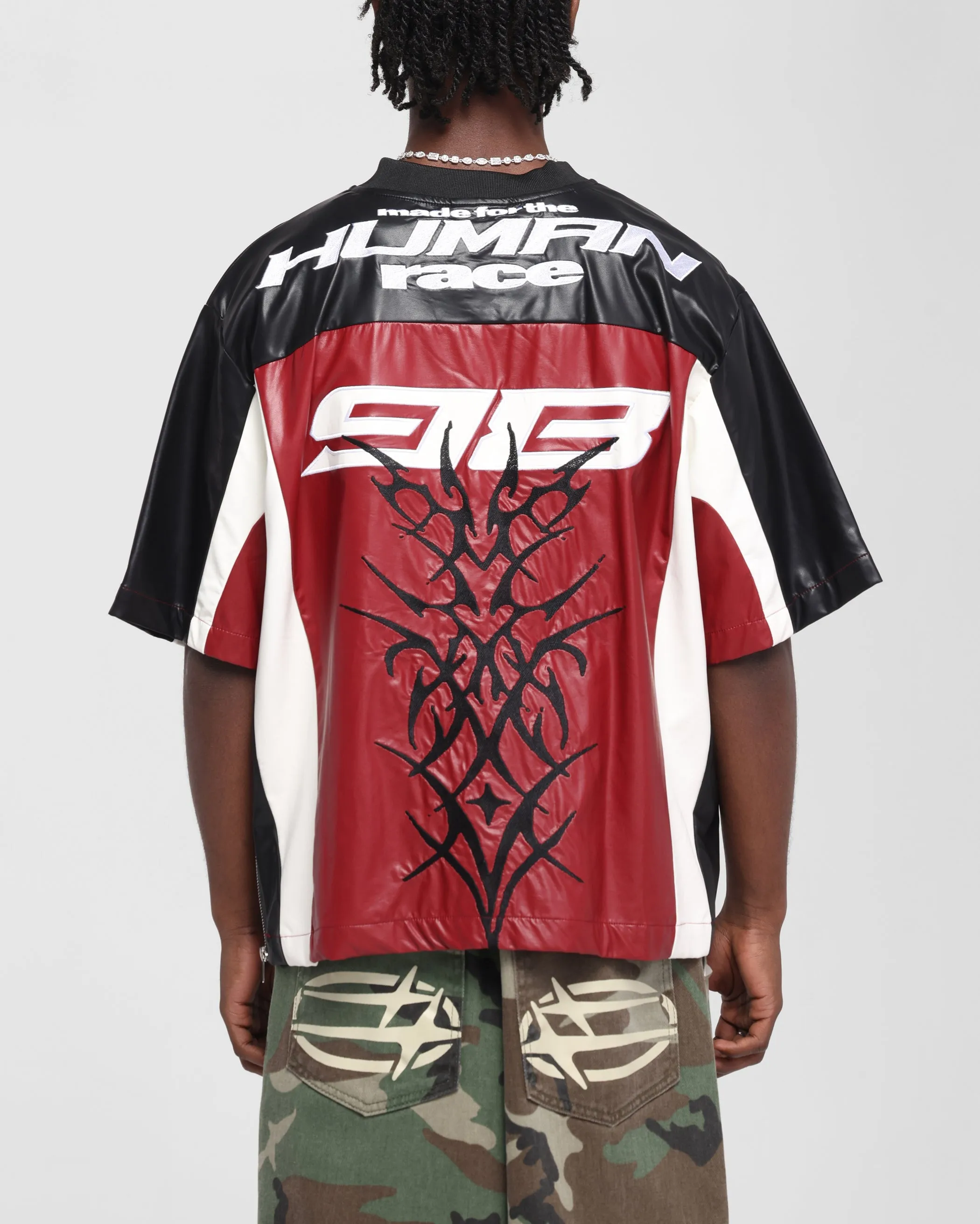 Loiter Vegan Leather Football Top Red/Black