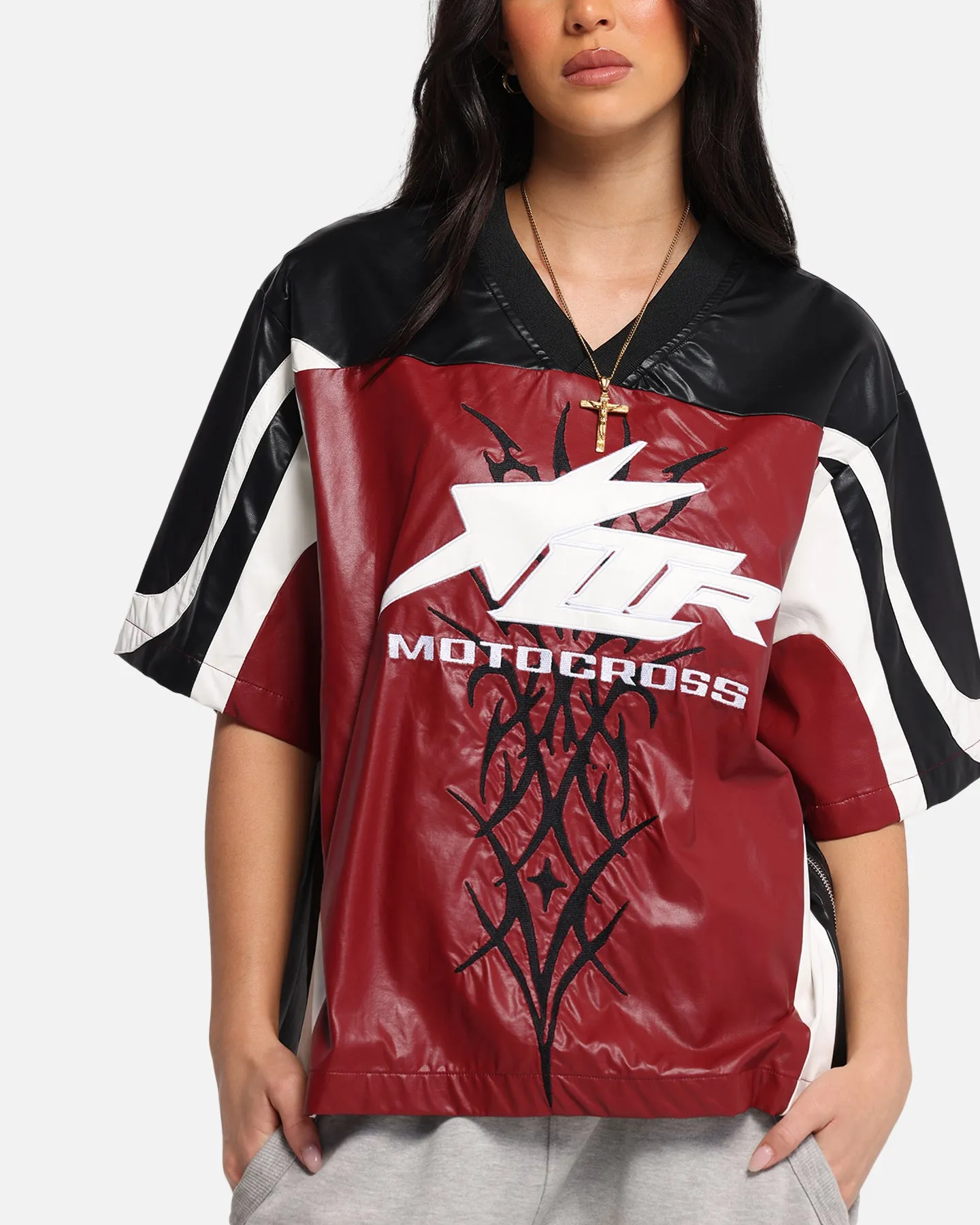 Loiter Vegan Leather Football Top Red/Black