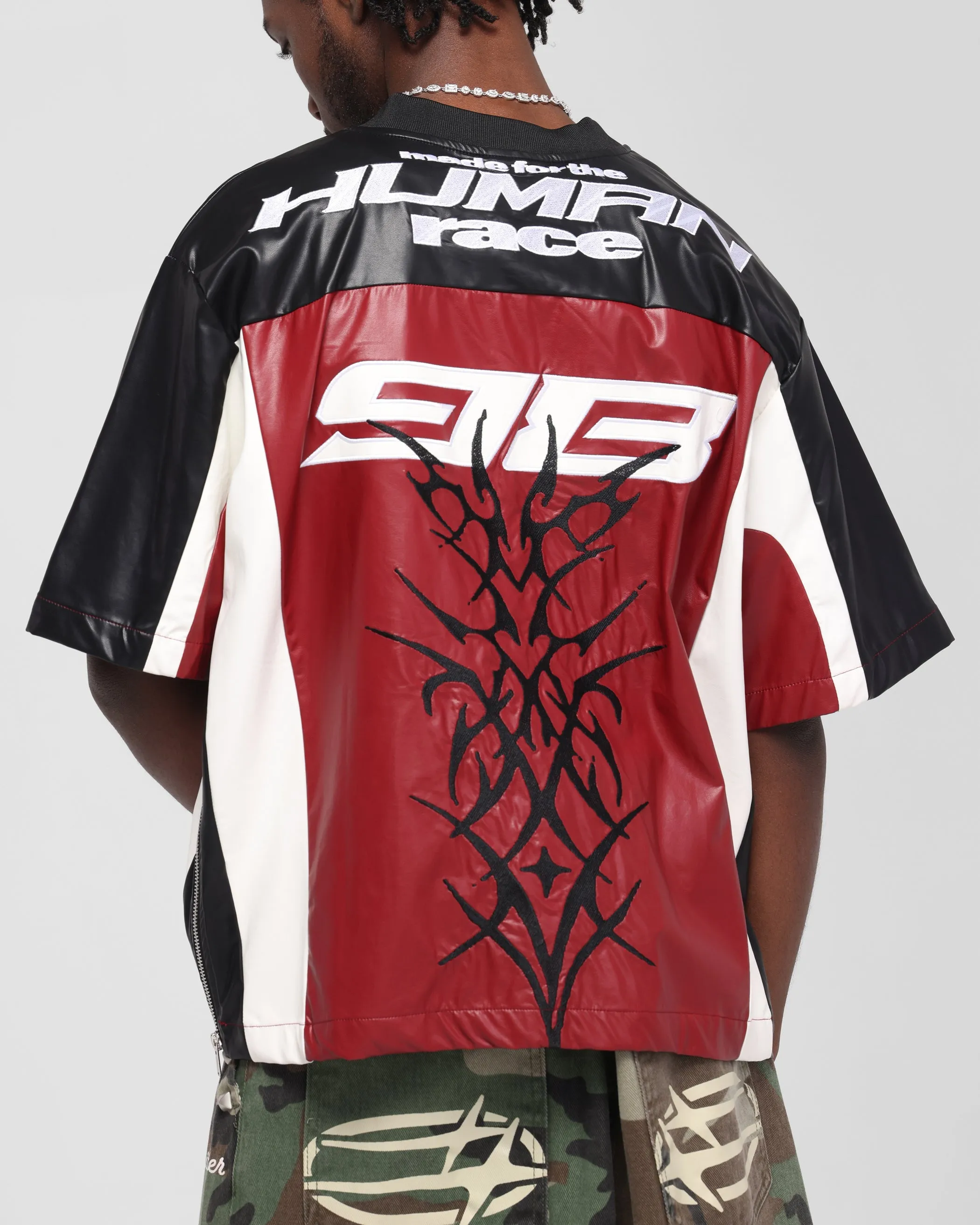 Loiter Vegan Leather Football Top Red/Black