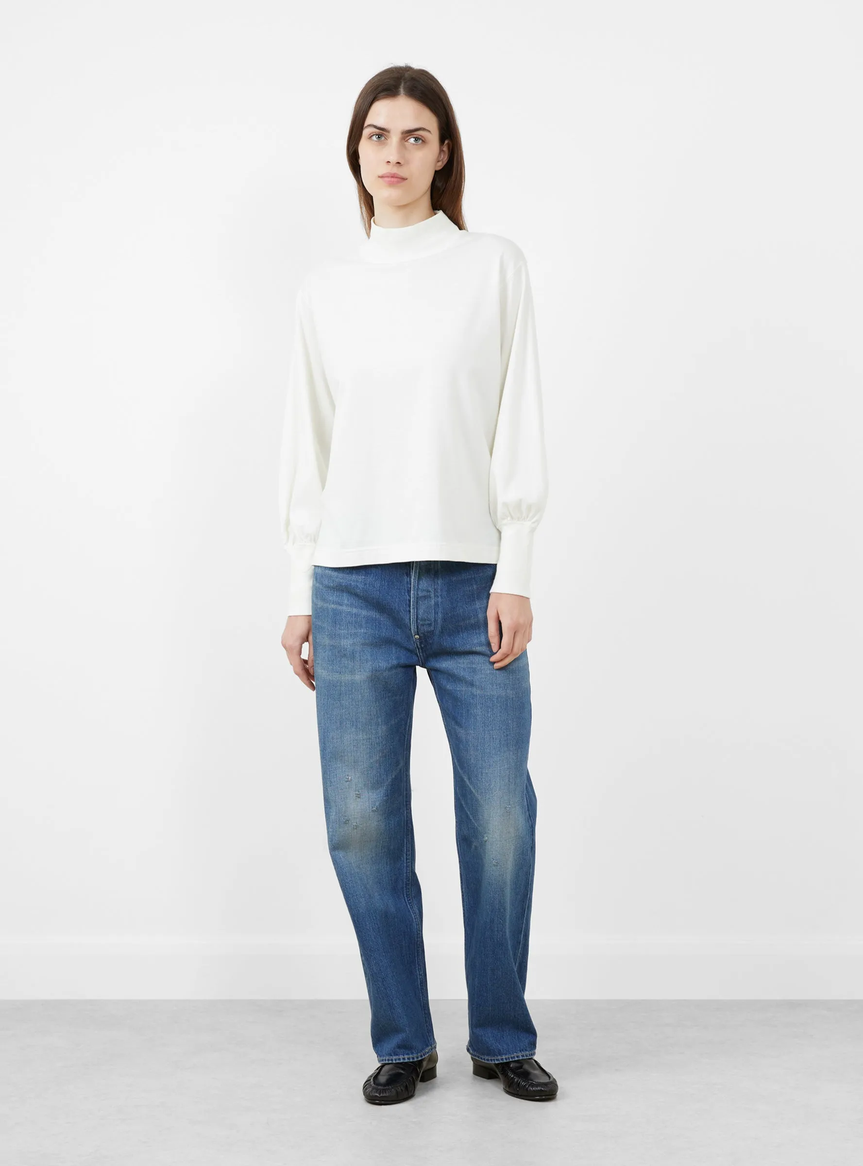 Mock Neck Gather Long Sleeve T-Shirt Off White