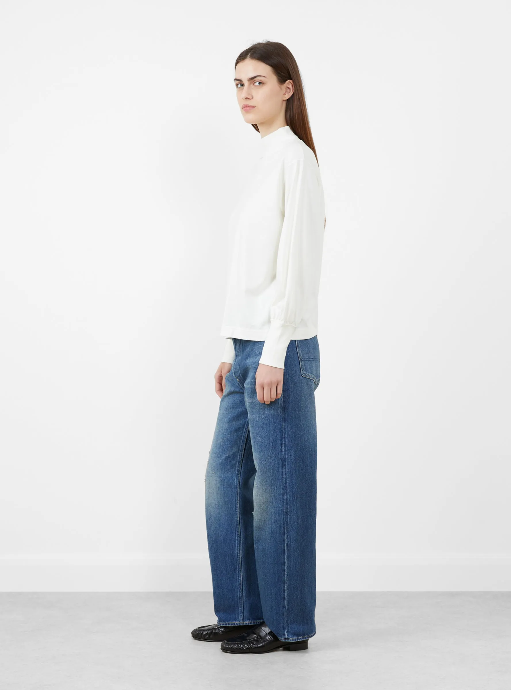 Mock Neck Gather Long Sleeve T-Shirt Off White