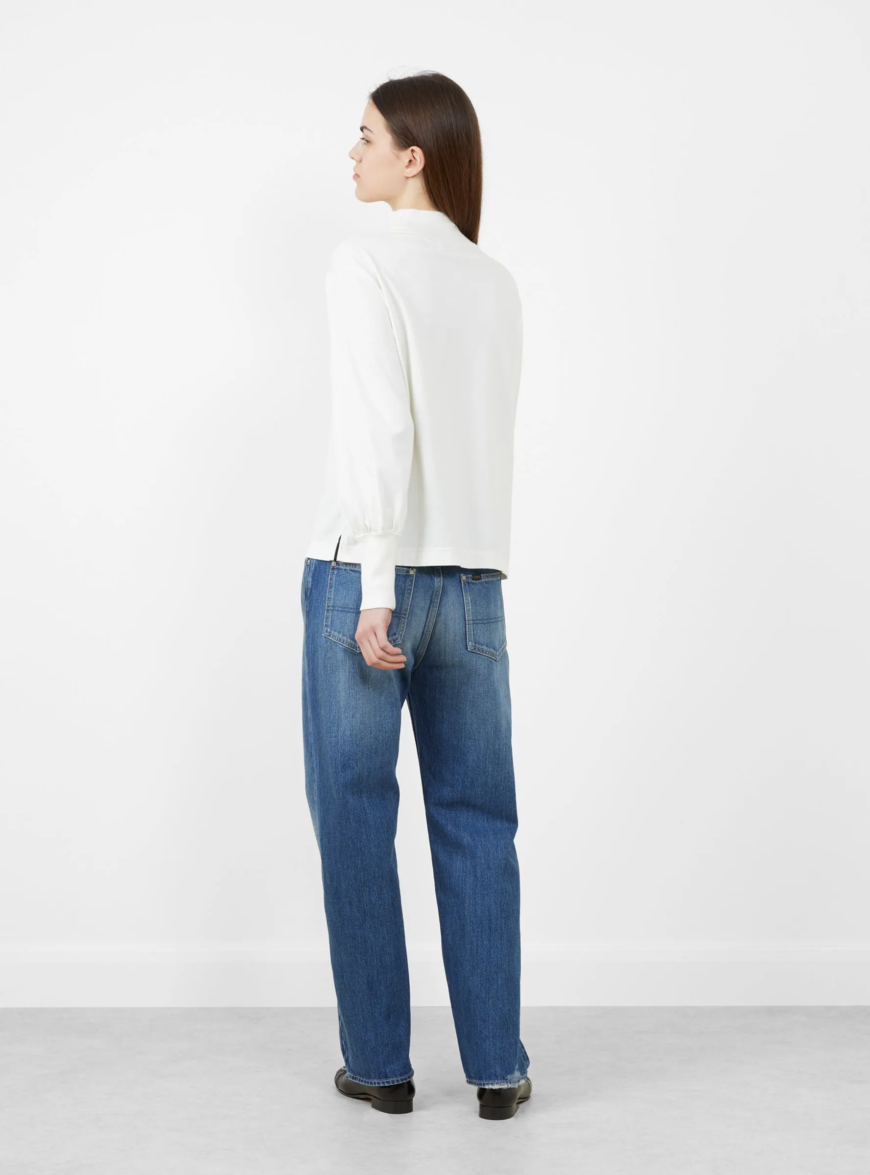 Mock Neck Gather Long Sleeve T-Shirt Off White