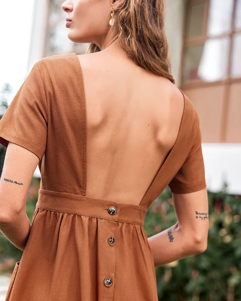 Open Back Button Midi Dress