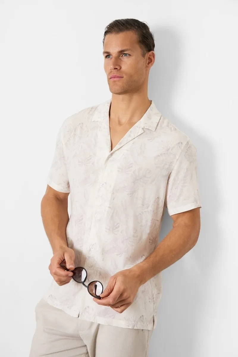 Printed Shirt in Stone Faded Tropical Leaves