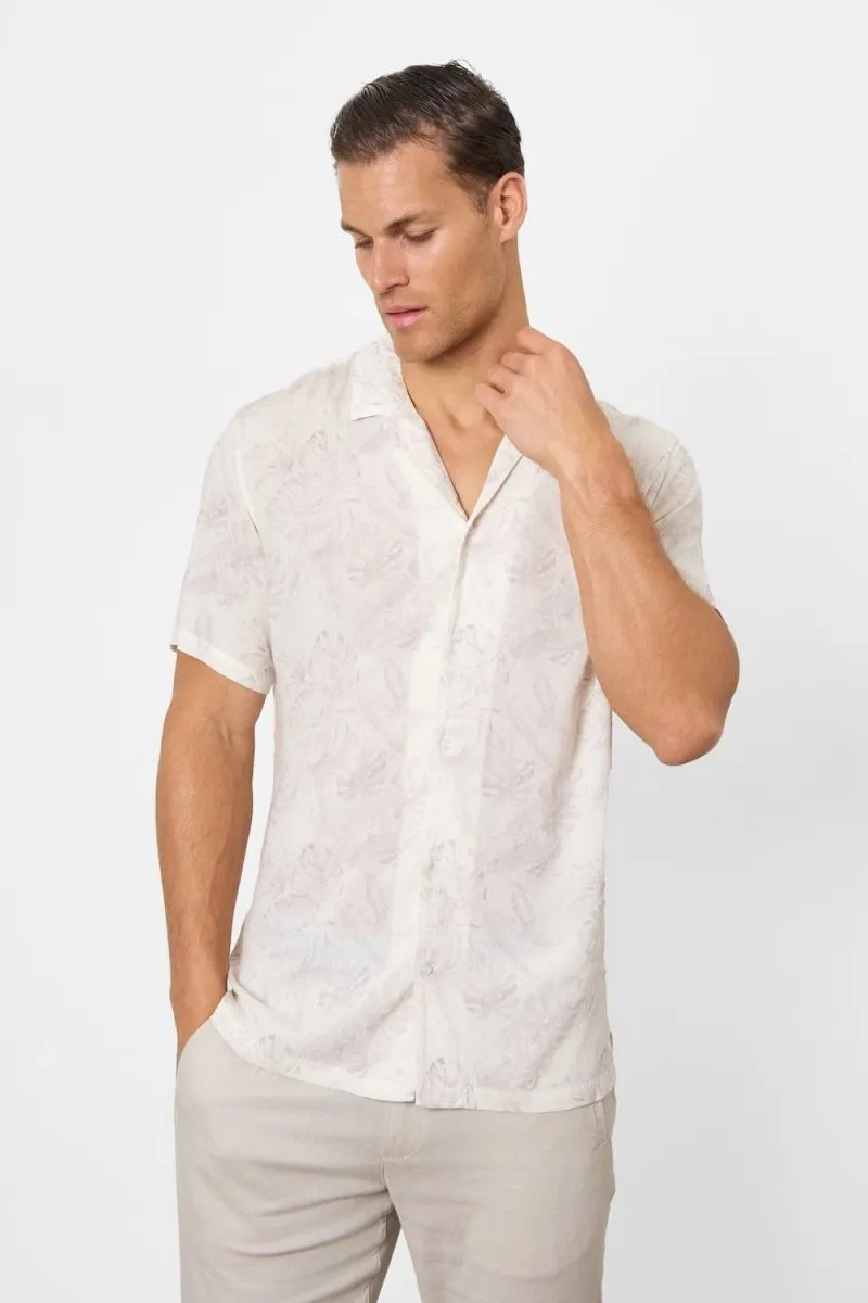 Printed Shirt in Stone Faded Tropical Leaves