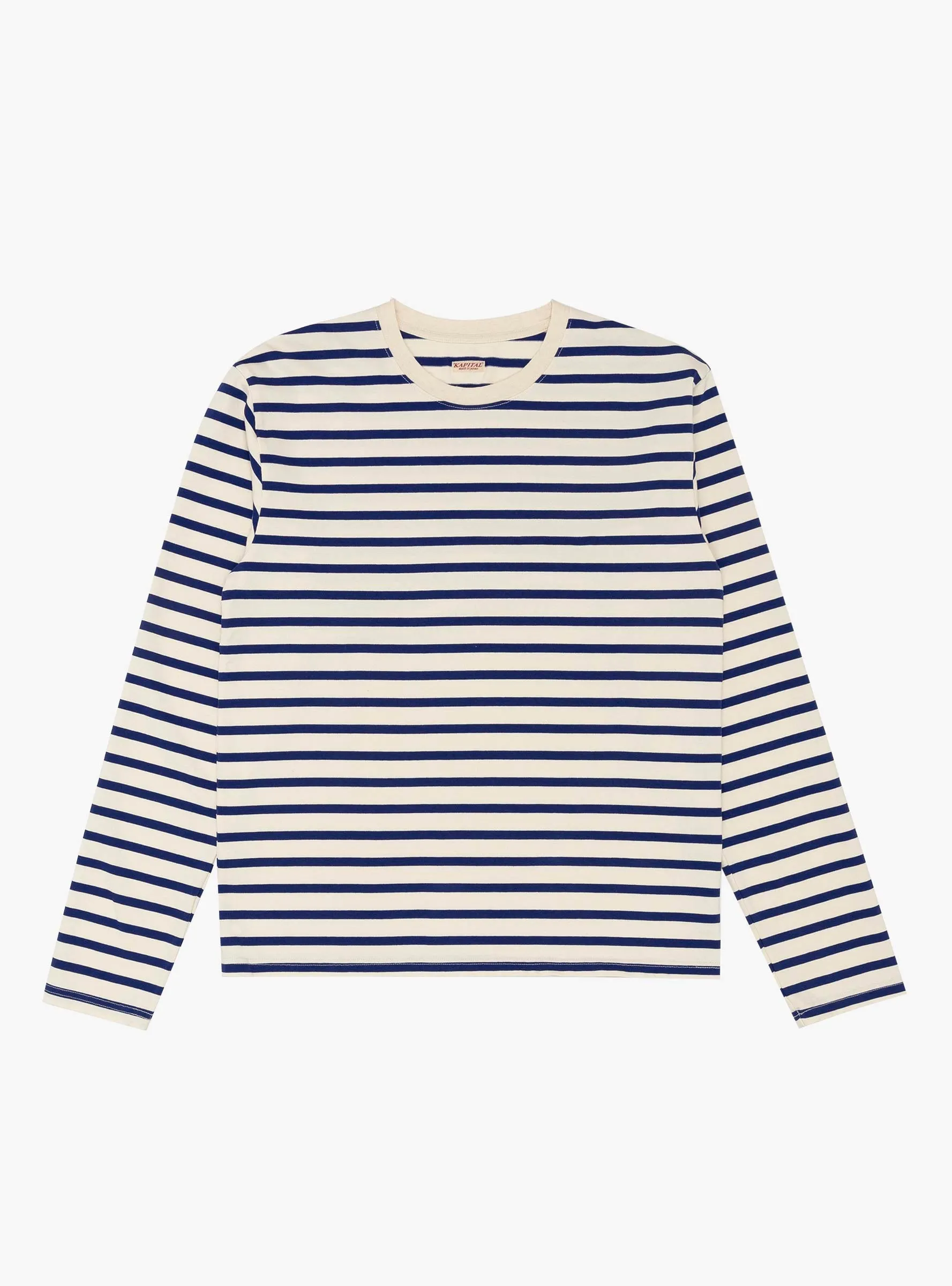 Stripe Jersey Crew T-Shirt Profile Rainbowy Patch Ecru and Blue
