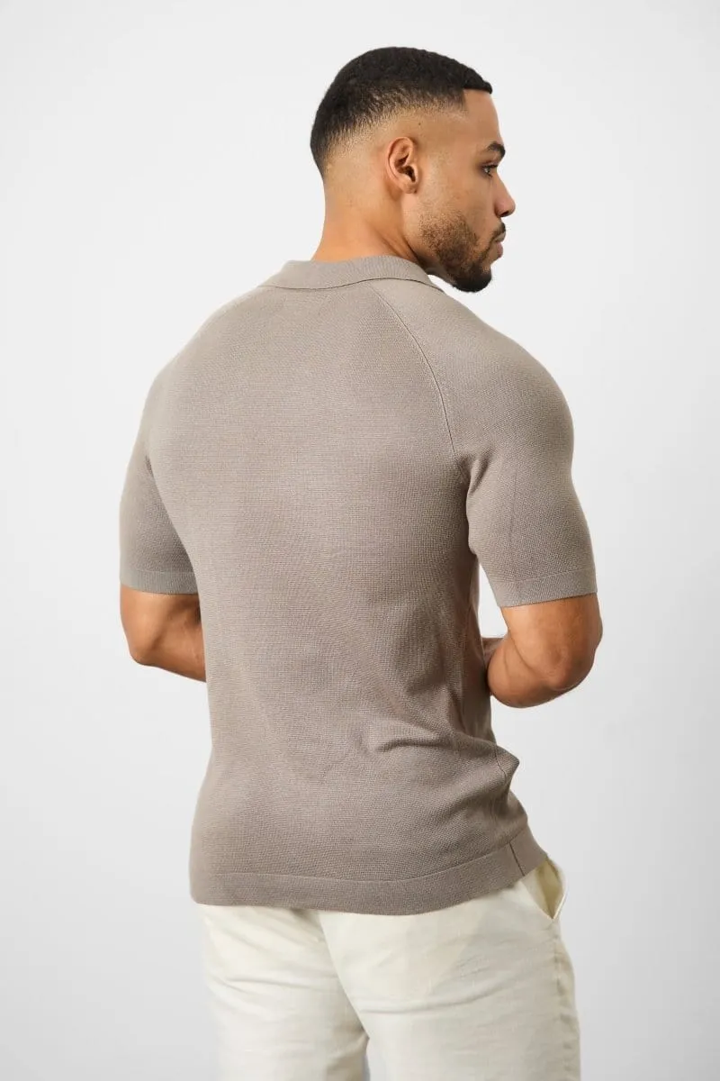 Textured Open Collar Knitted Polo Shirt in Mole