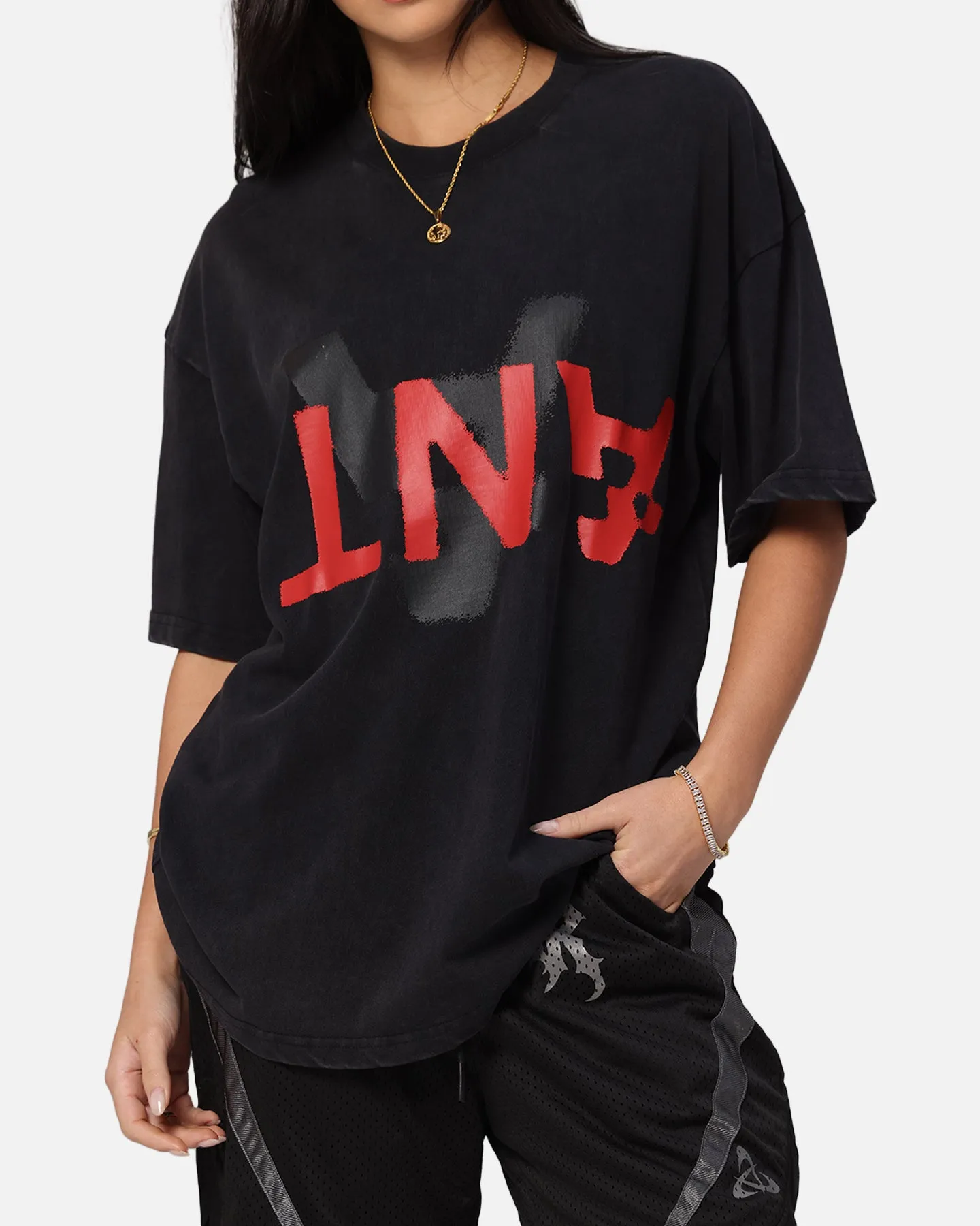 The Anti Order Echo Spray Drop Shoulder T-Shirt Black Acidwash